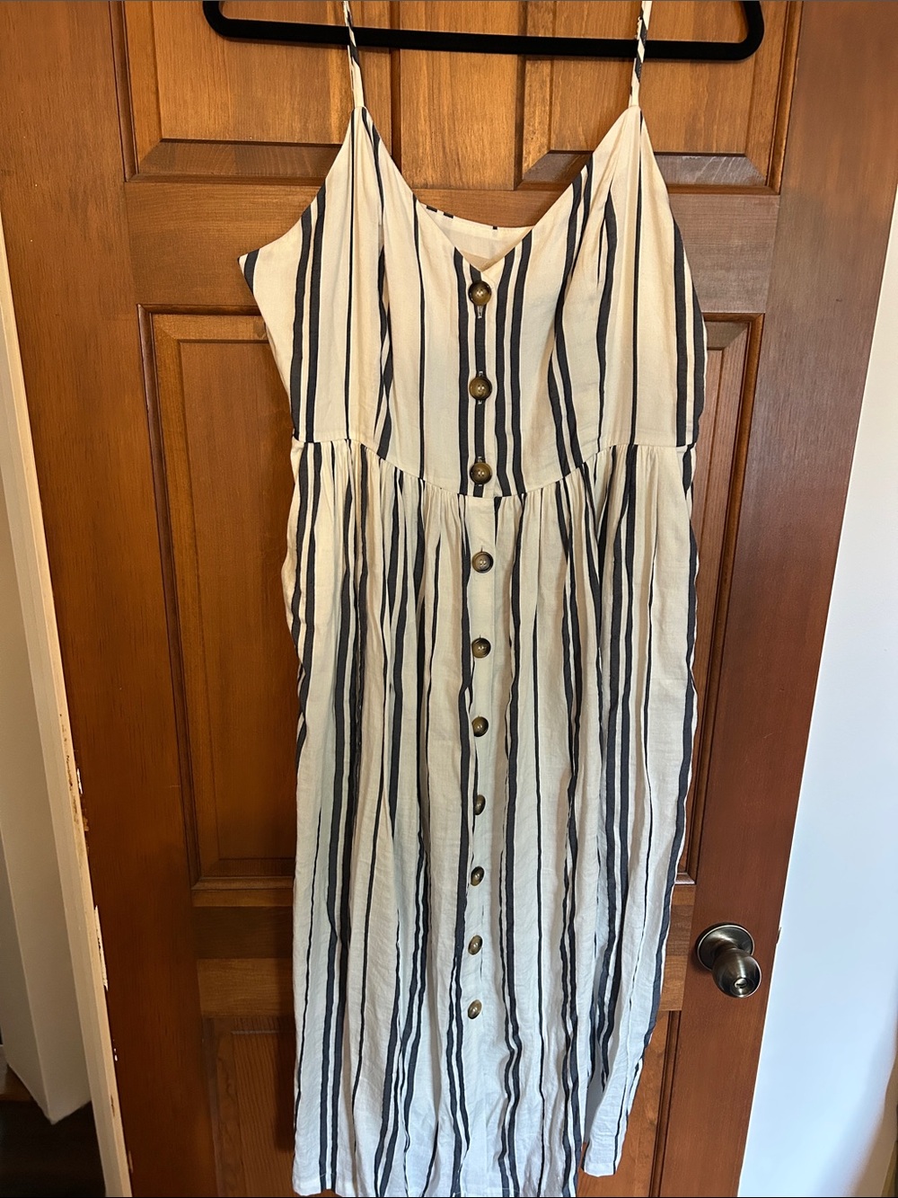 H&M White and Navy Striped Button-Front Midi Sundress
